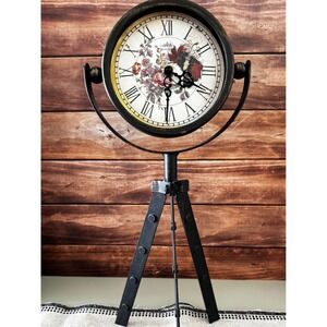Vintage Style Tripod Tabletop Clock Butterfly Floral Roman Numeral Black Metal